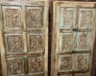 Vintage Bohemian Floral Hand Carved Door Reclaimed Solid Wood Vintage Green Wall Art Single Double Door Decorative Interior Barn Door 80x36