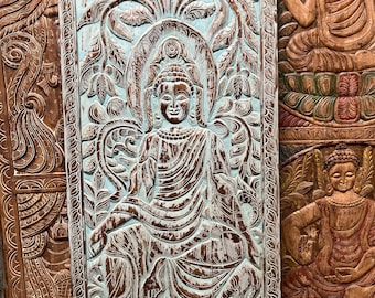 Vintage Carved Wood Buddha Bodhi Tree Wall Art : Yoga Wellness Barn Door Panel 83x36in
