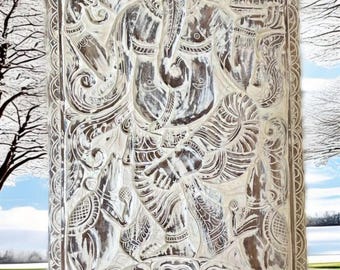 Dancing Ganesha on Lotus Hand Carved Wall Sculpture Temple Carving Custom Barndoor Authentic Vintage India Art 83x36