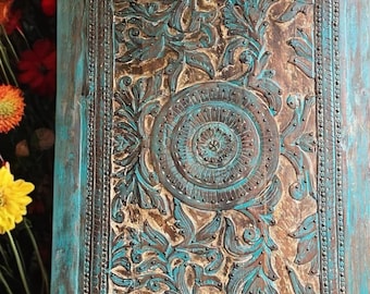 Large Boho Carved Door Floral Accents Customized Vintage Barn Door Rustic Blue Painted Statement Home Office Library Door 100x50"
