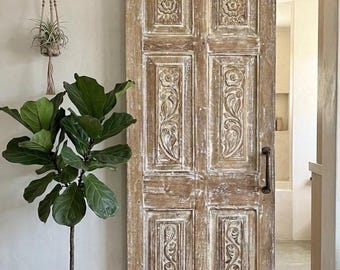 Antique White Floral Carved Teak Door | Custom Size Modern Farmhouse Barn Door (80x26.5)
