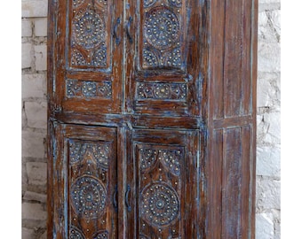 Mid Century Lotus Carved Armoire with 4 Doors, Blue Patina Accent Cabinet 70x36