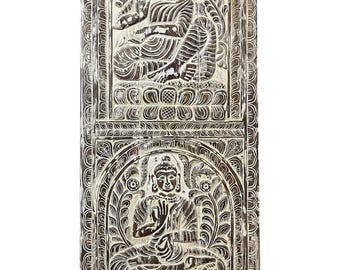 Carved Buddha Wood Wall Art Panel: Whitewash Reclaimed Barn Door (83x36)