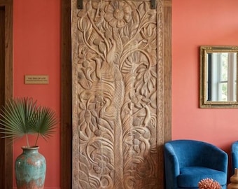 Vintage Carved Wood Tree of Dreams Wall Decor – Boho Statement Barn Door 84x36