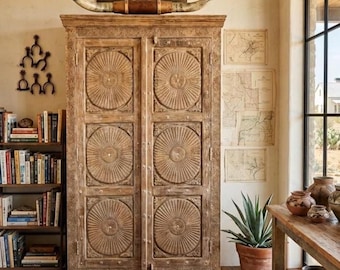 Mid Century Modern Natural White Armoire Sunburst Carving Tall Cabinet Home Office 66x40