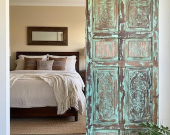 Vintage Carved Door: Distress Green Reclaimed Wood Door Rustic Custom Floral Barn Door 96x36