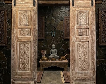 Antique Carved Wooden Doors: Vintage Solid Wood Rustic Hinged or Sliding Barn Door, 96x27
