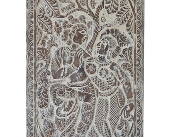 India Temple Carved Art | Radha Krishna Carved Barn Door | Vintage Indian Wall Art Panel | Boho Interior Door | Custom Size 72x36