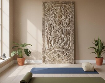 Fluting Krishna with Cow Carved Wood Wall Art: Vintage White Indian Door, Yoga Studio, 72x36in