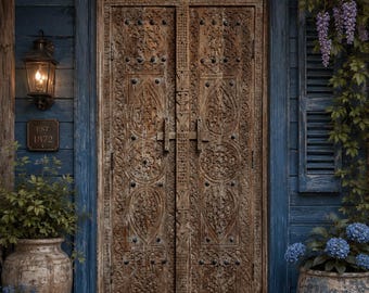 Antique Indian Door Solid Wood Carved Double Door with Frame Statement Piece 79.5x40