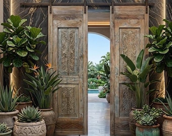 Solid Wood Floral Carved Antique Doors Organic Modern Interior Exterior Sliding Barn Doors 96x27in