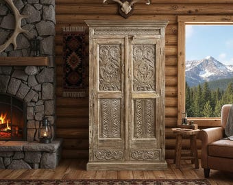 Antique Carved Wardrobe Armoire with Brass Studs, Rustic White Cabinet, Vintage Indian Storage 72