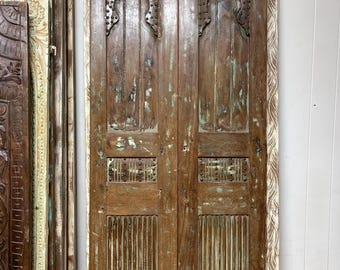 Antique Carved Wood Double Doors: Mid Century Modern Barn Doors with Brass Studs 80x32