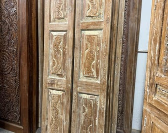 Antique Indian Carved Wood Double Door: Farmhouse Closet Pantry Doors 80x29