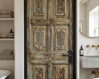 Antique Carved Wood Single Door Rustic Modern Blue Patina Hinged or Sliding Barn Door 80x26