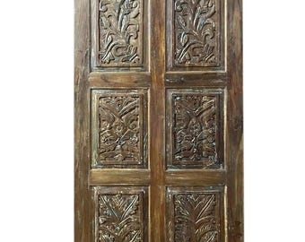 Vintage Bohemian Floral Hand Carved Door Reclaimed Solid Wood Vintage Farmhouse Wall Art Single Interior Door Artsy Barn Door 84x36