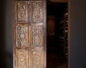 Vintage Floral Carved Reclaimed Wood Door: 6 Panel Custom Barn Door 84x36