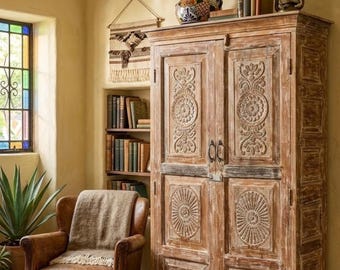 Antique Carved Cabinet Teak Tall Wardrobe Armoire with Brass Accents 80x45