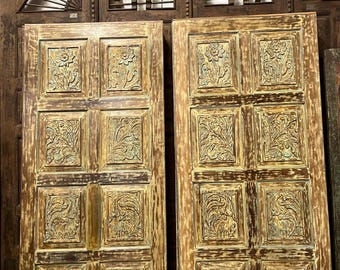 Bohemian Floral Carved Door Reclaimed Solid Wood Vintage Yellow Carved Single or Double Door Decorative Pocket Closet or Pantry Door 80x36in