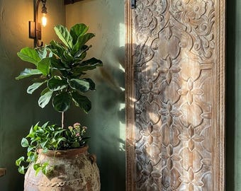 May include: A rustic, carved wooden barn door with floral patterns is mounted on a black metal track. A large terracotta pot with a green plant sits to the left. A wall-mounted light fixture with a warm bulb illuminates the scene.