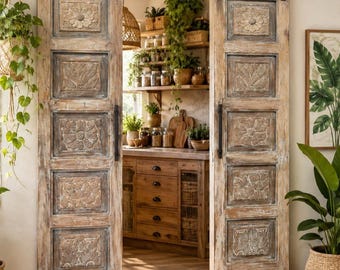 Vintage Indian Double Door Panels | Hand-Carved Botanical Barn Door 80x29