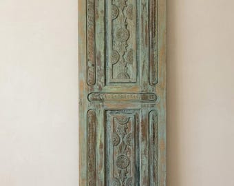 Vintage Carved Door Spanish Style Teak Wood Distressed Green Rustic Sliding Barn Door 96x27