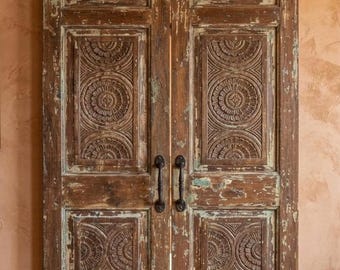 Antique Carved Wood Double Doors – Rustic Farmhouse Floral Barn Doors 81x42.5
