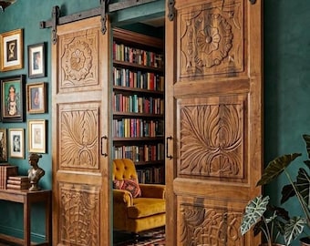 Floral Carved Natural Wood Doors: Rustic Modern Hinged, Bypass, Sliding Barn Doors, 80x30in