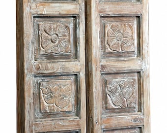 Vintage Indian Door Panels | Hand-Carved Botanical Relief | Teak Barn Door 80x27.5