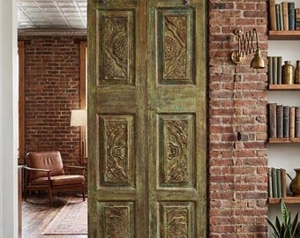 Vintage Carved Wood Doors Distressed Green Six Panel Farmhouse Barn Doors 80x32