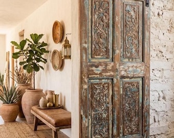 Floral Carved Solid Wood Door, Old Spanish Style Hinged or Sliding Barn Door (80x32.5)