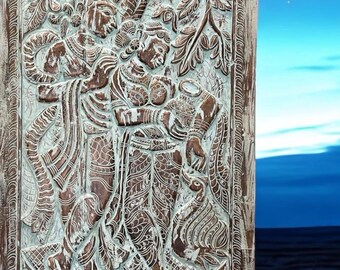 Radha Krishna Vintage Carved Door Wall Art Rustic Coastal Boho Bluewash Custom Size Barn Door Sliding Interior Barndoor 96x40