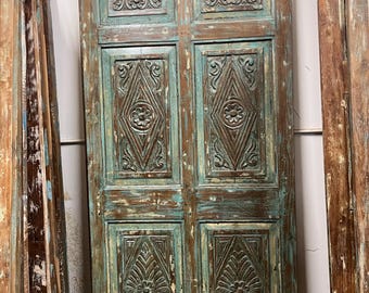 Vintage Carved Teak Wood French Door: Antique Rustic Farmhouse Style (80x38in