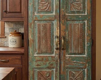 Antique Carved Floral Pantry Doors: Vintage Green Farmhouse Floral Barn Door 80x32
