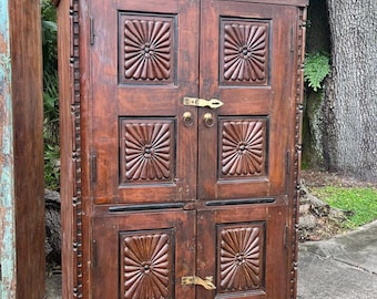 Antique Armoire Sunburst Carving Original Brass Latches Atrium Patio Cabinet 66x40