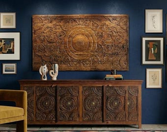 Vintage Boho Lotus Carved Wall Panel Dark Wood Headboard Decor 60x30