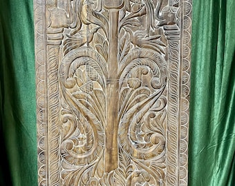 Tree Of Life Door Hand Carved Door Interior Barn Door Wall Sculpture Vintage Indian Carving Custom Artisan Barndoor 83x36in