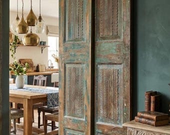 Vintage Carved Wood Doors Distressed Patina Modern Farmhouse Barn Doors (80x32)