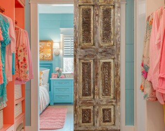Antique Hand-Carved Door | Solid Wood Door Limewash | Vintage Pantry Closet Door | Custom | Rustic Ranch | Interior Exterior Door 80x26in