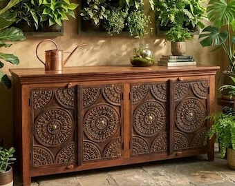 Carved Medallion Wooden Sideboard Buffet : Two Tone Credenza Cabinet With Brass Studs 72x35