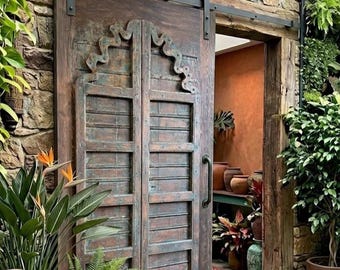 Antique Indian Carved Door Solid Teak & Architectural Elements Single Farmhouse Sliding Barn Door (96x49in)