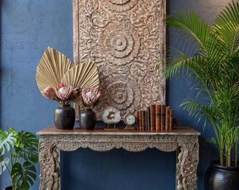 Vintage Lotus Carved Wall Panel Reclaimed Wood Headboard Boho Decor 60x36