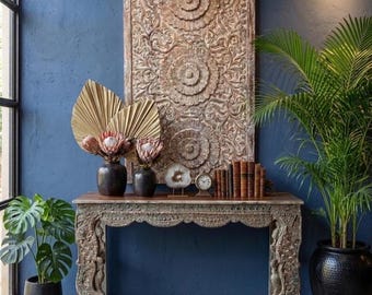 Vintage Carved Console Table, Heritage Revival Rustic Jeweled Solid Wood Entryway Table 57