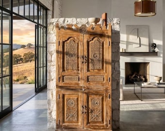 Antique Carved Armoire Cabinet 4 Door Wooden Wardrobe Brass Studded Rustic Furniture 77x38