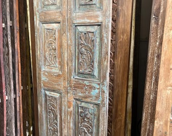 Antique Carved Wood Doors Blue Patina Boho Pantry Closet Barn Doors 80x27.5