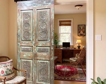 Hand-Carved Reclaimed Teak Door: Antique Spanish Style Carved Wood Custom Barndoor 80x32.75