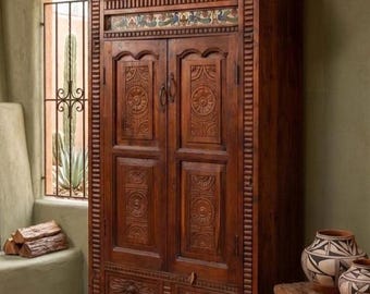 Antique India Teak Carved Wood Armoire – Hand Painted Peacock Tiles Rustic Cabinet, 71x41