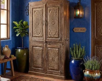 Antique Teak Carved India Armoire | Boho Farmhouse Vintage Cabinet with Brass Detailing 76x43