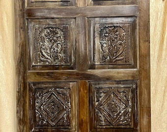Vintage Artisans Carved Door Bohemian Floral Hand Carved 8 Panel Door Reclaimed Solid Wood Farmhouse Interior Door Artsy Barn Door 96X48