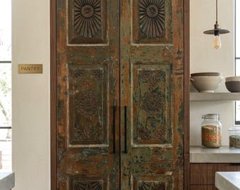 Antique Indian Door Panels | Rustic Farmhouse Green Patina Carved Barn Doors 80x32
